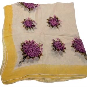 50s 60s MCM Vintage Women's Silky ‎ Yellow Purple Floral  Print Scarf